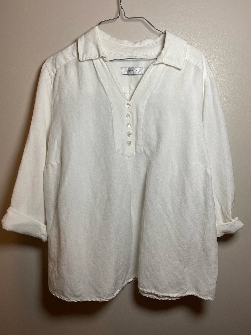 Cj Banks White Linen / Rayon Pop-Over Top Collar Lightweight 1XL